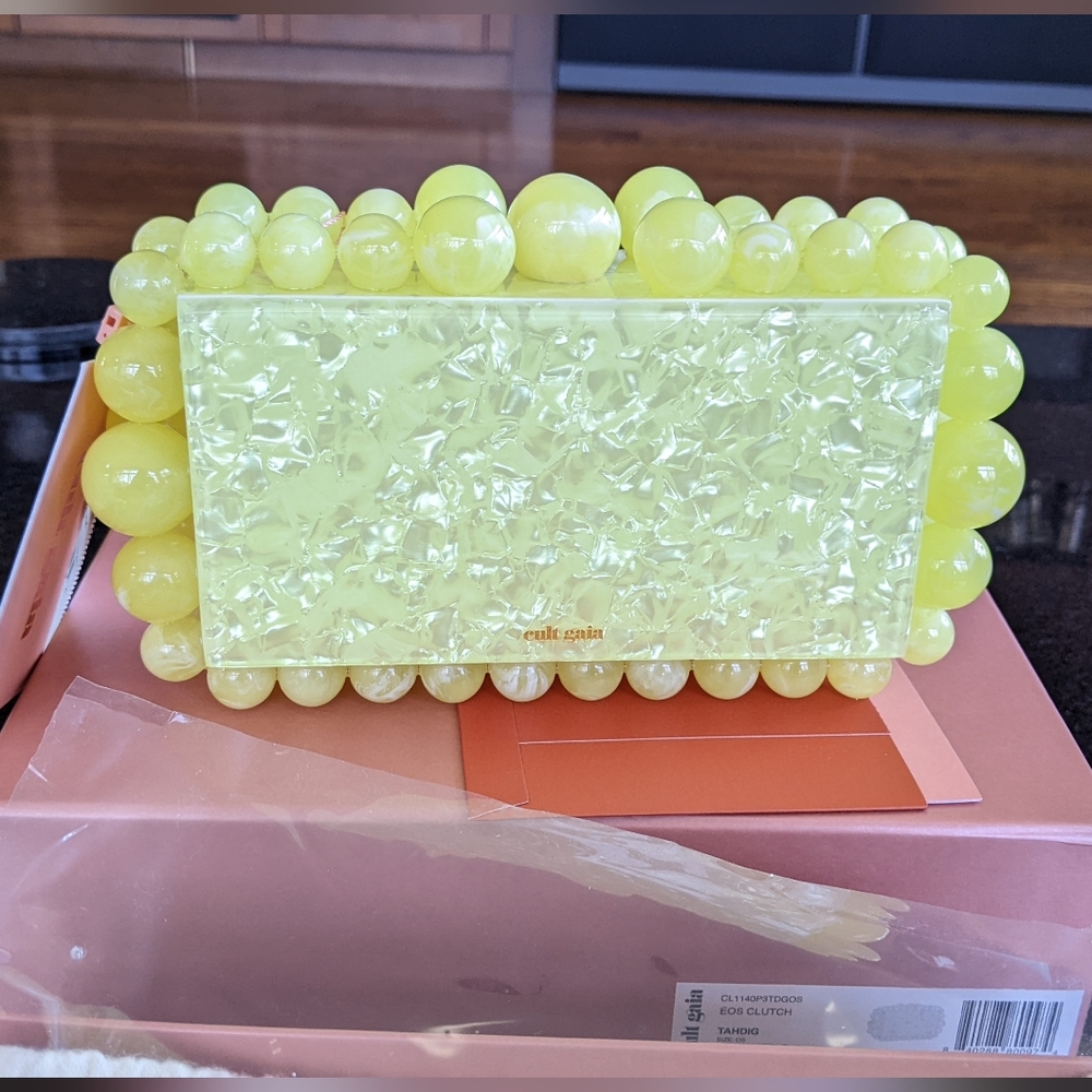 NIB Cult Gaia EOS BEADED MARBLE Acrylic Box Clutch TAHDIG YELLOW-$328